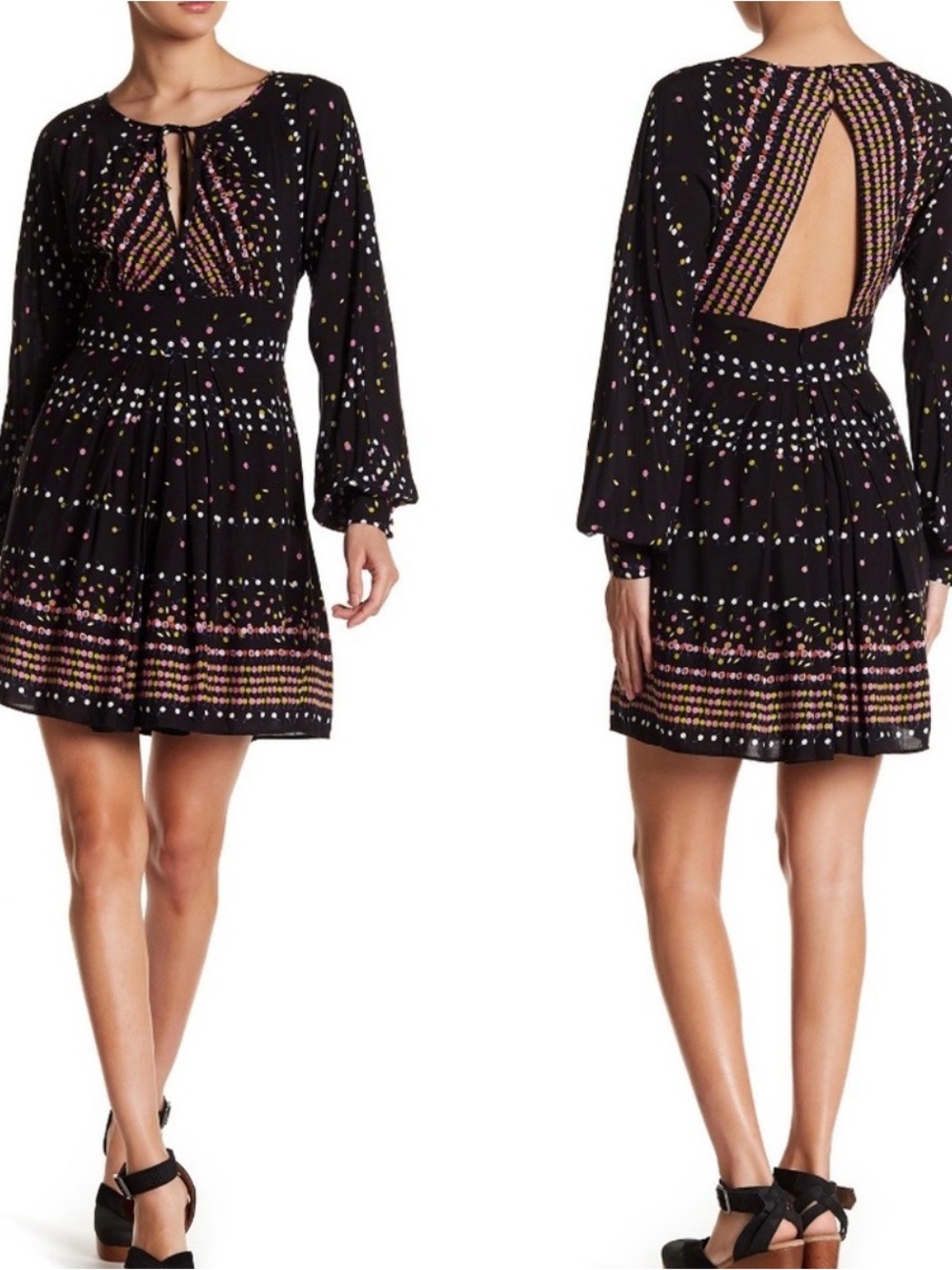 Free People Coryn Mini Dress Size 8 Black Polka Dot Long Sleeve